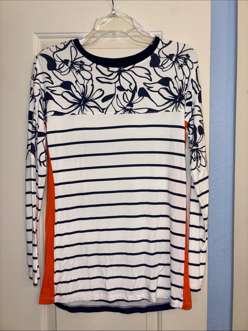 Katherine Barclay Navy Floral Stripe Long-Sleeve Top Orange XS S M Runs Big